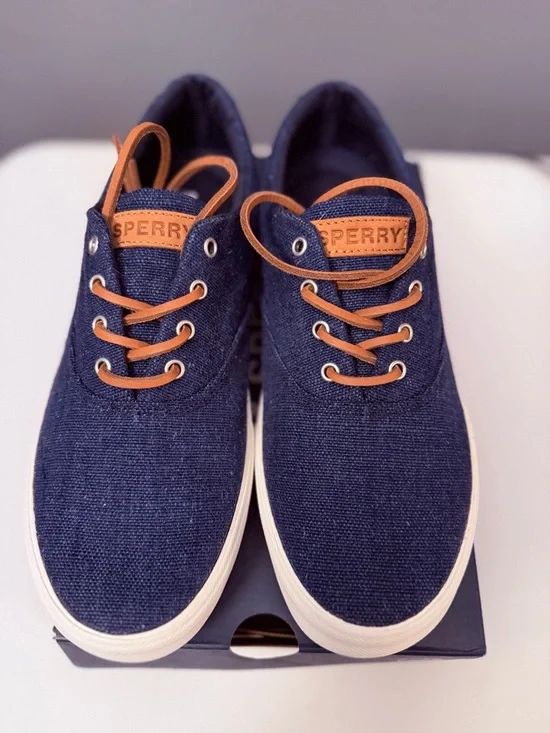 Men’s Sperry Navy Canvas Boat Shoes with Tan Accents Size 9 - Picture 1 of 5